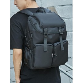 Men's Casual Solid Color Daily Trave School Students Large Capacity Push Buckle Design Backpack