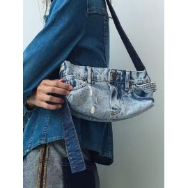 Women's Retro Washed Patchwork Design Ripped Denim Shoulder Bag