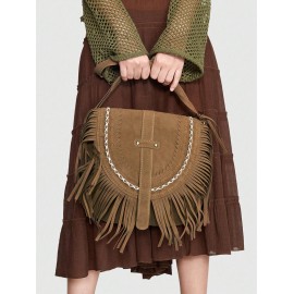 Women's Ethnic Retro Solid Color Faux Suede Fringed Buckle Decorated Saddle Shoulder Bag