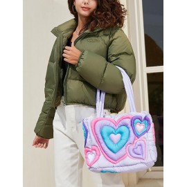 Women's Fashion Y2K Daily Colorblock Heart Motif Macaron Color Padded Quilted Puffer Design Shoulder Tote Bag