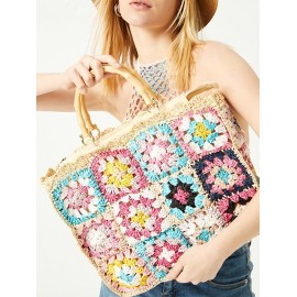 Women's Handmade Weave Flower Patterblock Hollow Out Bamboo Joint Handle Vacation Beach Tote Bag (Random Color)